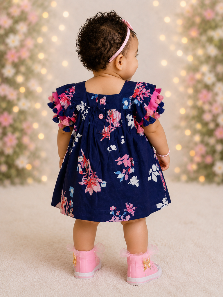 Pspeaches Baby Girl Navy Ethnic Floral Print Rayon A-Line Dress ( Sku-Ing-D-Navyfloraldress )