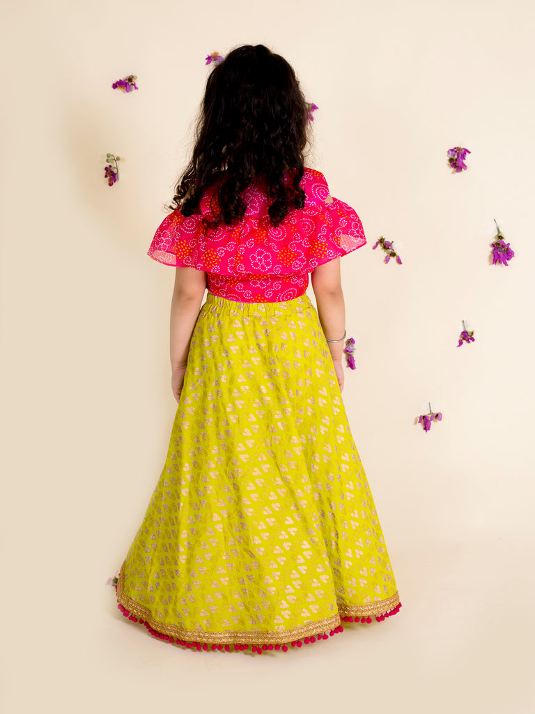 Girls Green & Pink Printed Ready to Wear Lehenga & Blouse With Dupatta (L-green foil)