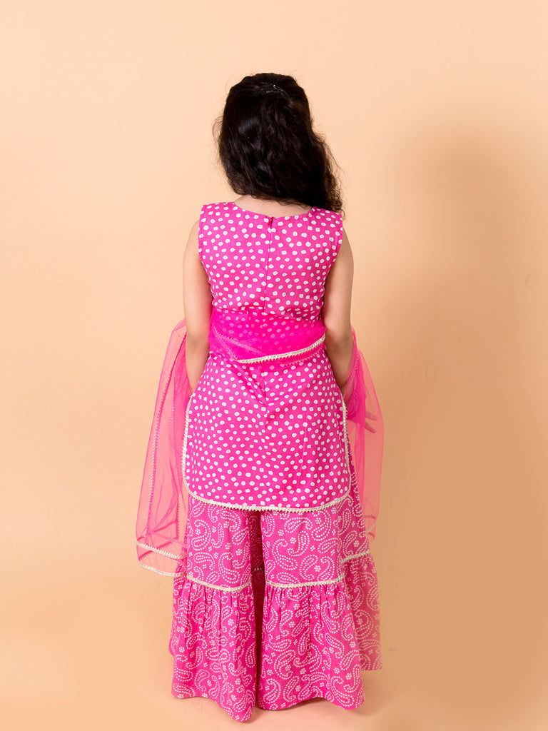 Pspeaches Girls Purple Polka Dot print A-Line Pure Cotton Kurta with Sharara & Dupatta (SKU-Sha-Purplebandhej)