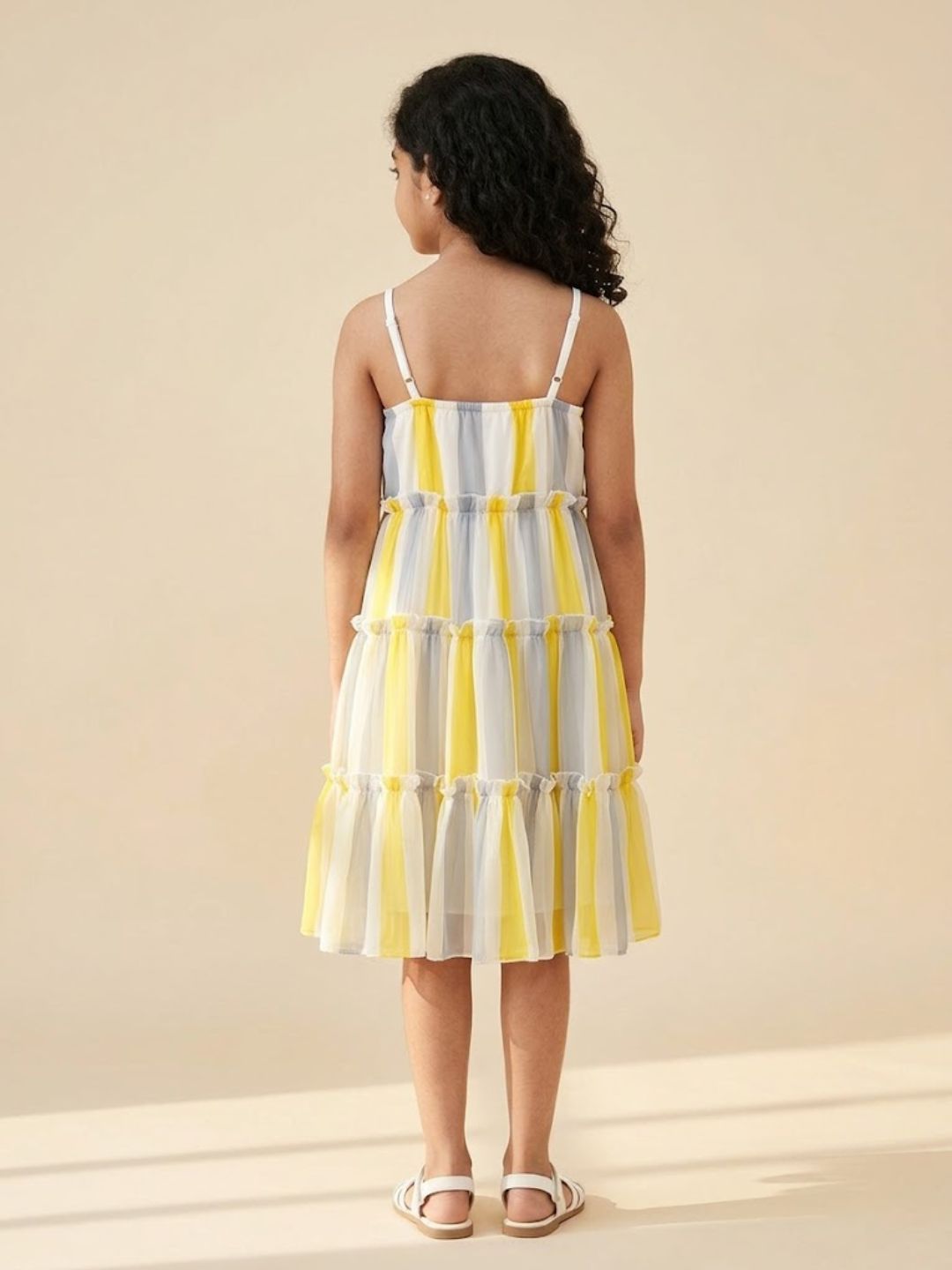 Girls Multicolor Striped Sleeveless Asymmetric Dress (D-GREYYELLOWSTRIPE)
