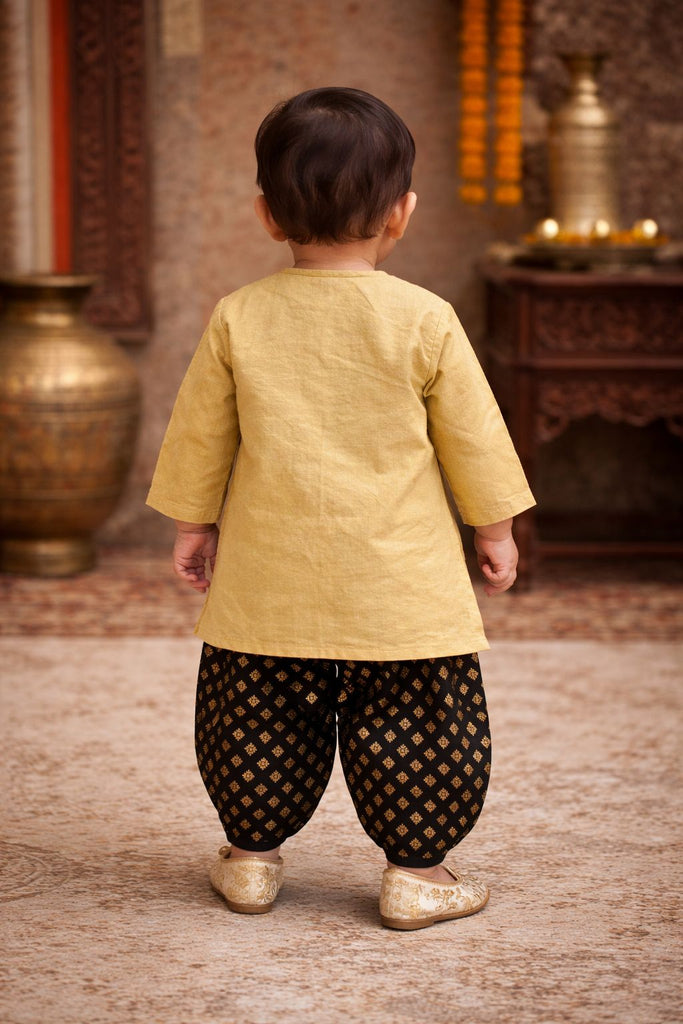 Pspeaches Baby Boys Beige & Brown Embroidered Cotton Angrakha Kurta With Foil Print Dhoti Pant ( Sku-Inb-Dhotibrown )