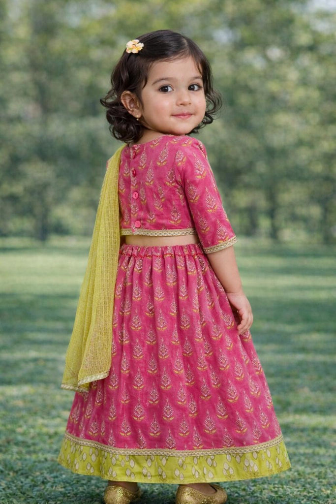 Pspeaches Baby Girls Pink Ethnic Booti Print Cotton Circular Lehenga & Choli With Dupatta ( Sku-Ing-Lgreenfoil )