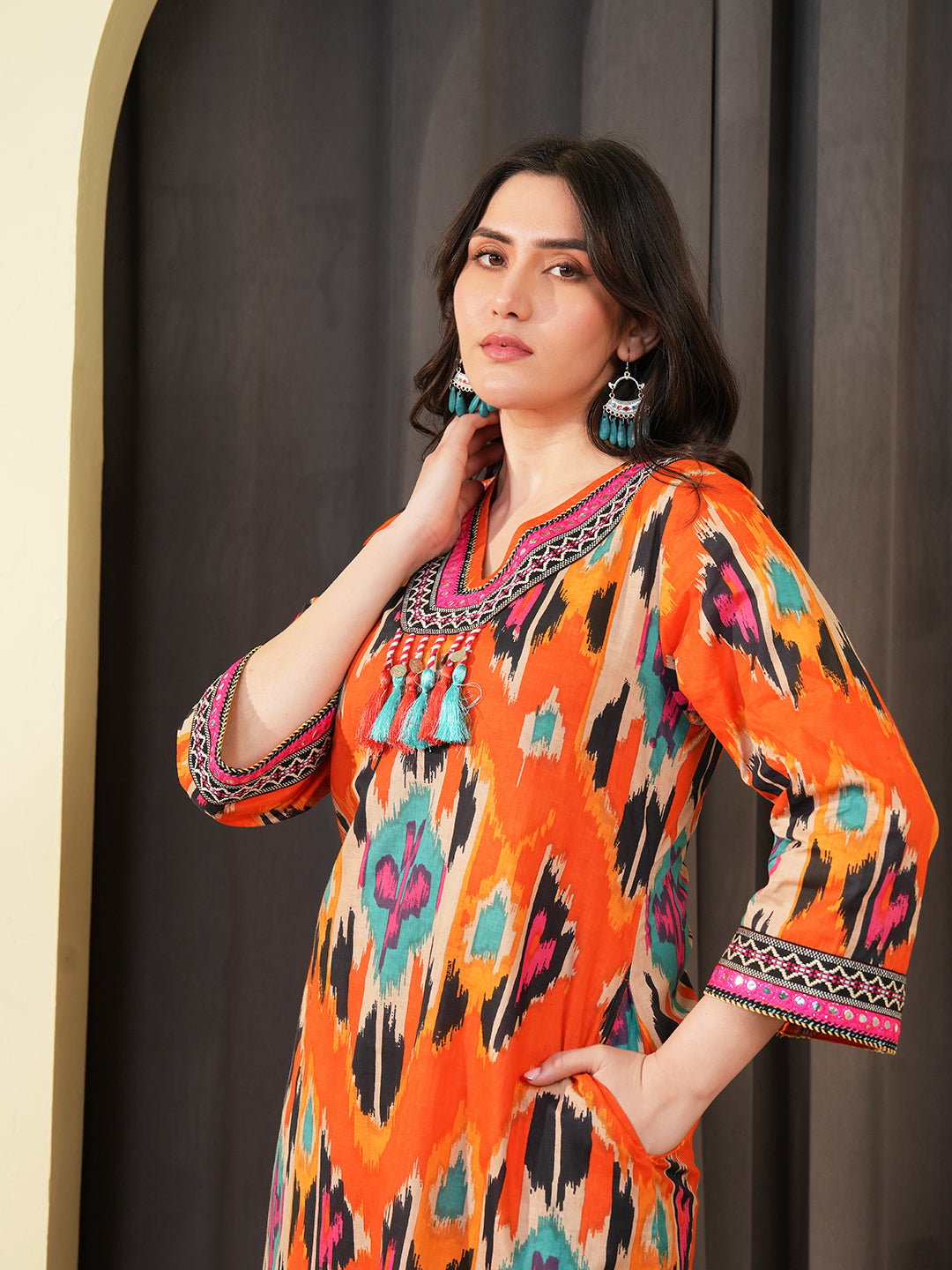 Orange Ikkat Printed Kurta Set