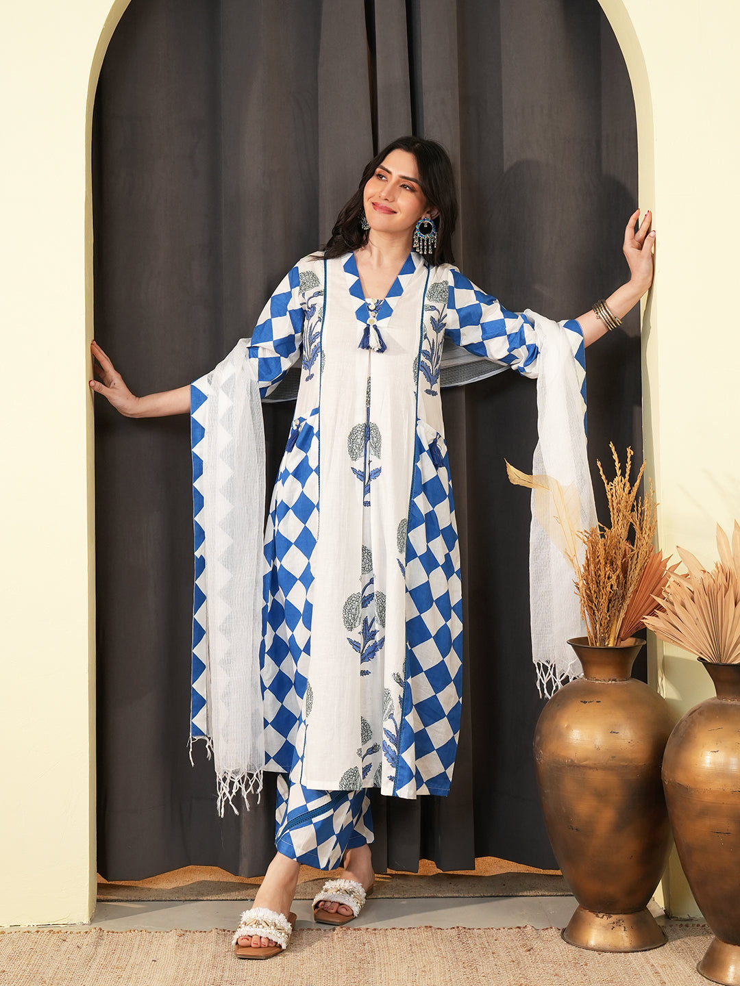 Blue Check Lace Insert Kurta Set with Dupatta