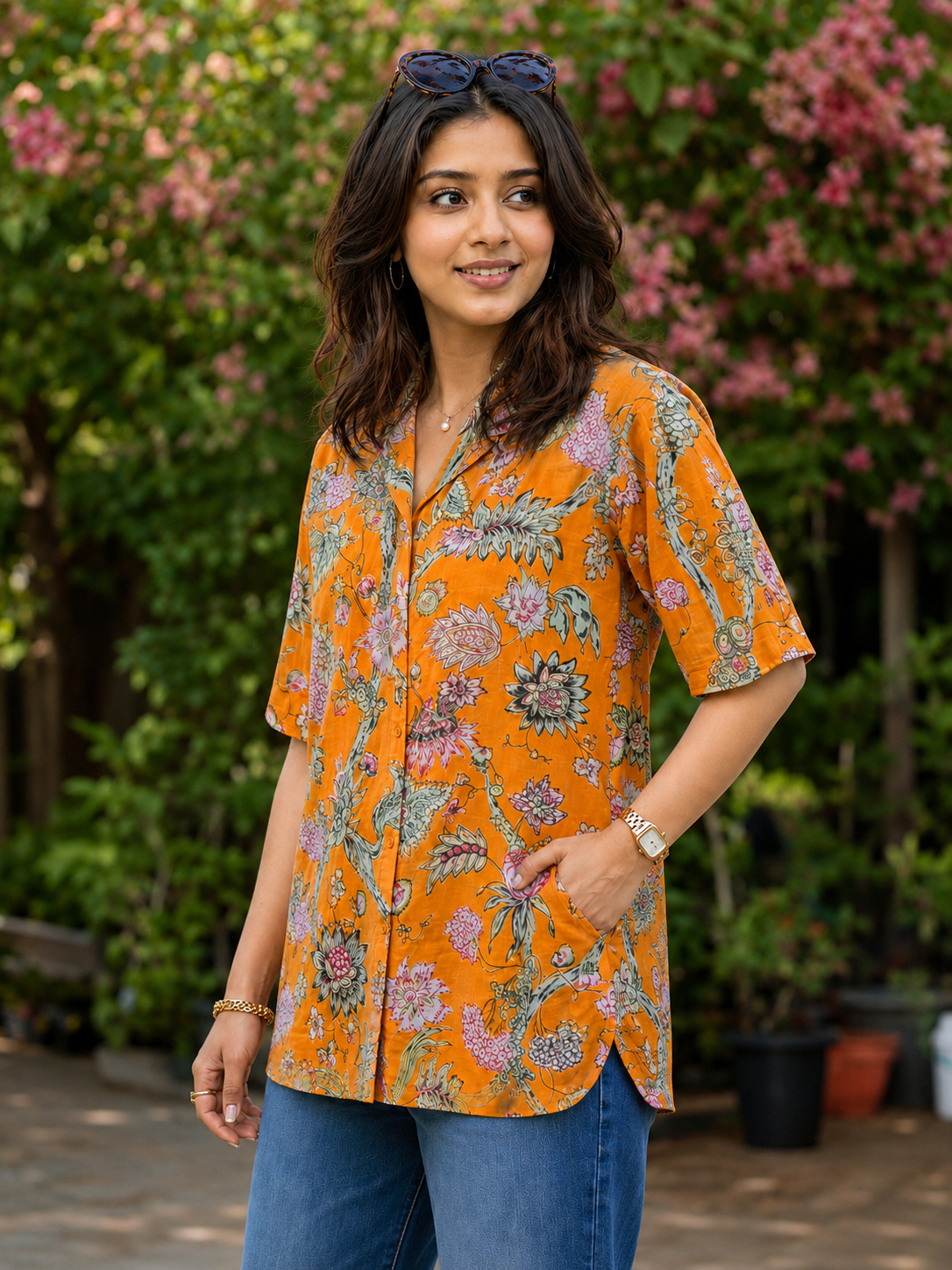 Pspeaches Women Cotton 3/4Th Sleeves Collared Neck Floral Print 1 Piece Shirt - Mustard