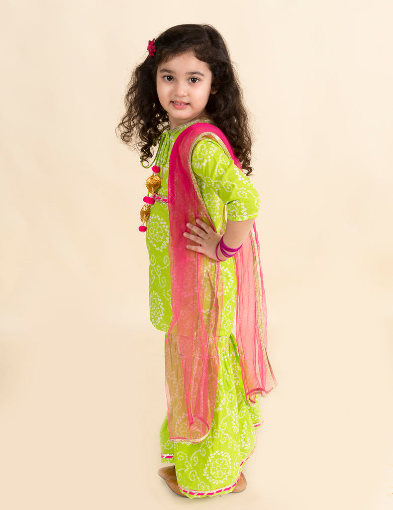 Pspeaches Girls Green Pink Bandhani Embroidered Pure Cotton Kurta With Sharara Dupatta (SHA-GREEN BANDHNI)