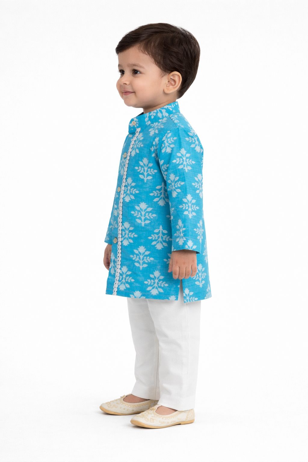 Pspeaches Baby Boys Blue & White Ethnic Booti Print Cotton Straight Fit Kurta With Pyjama Set ( Sku-Inb-Bluebooti )