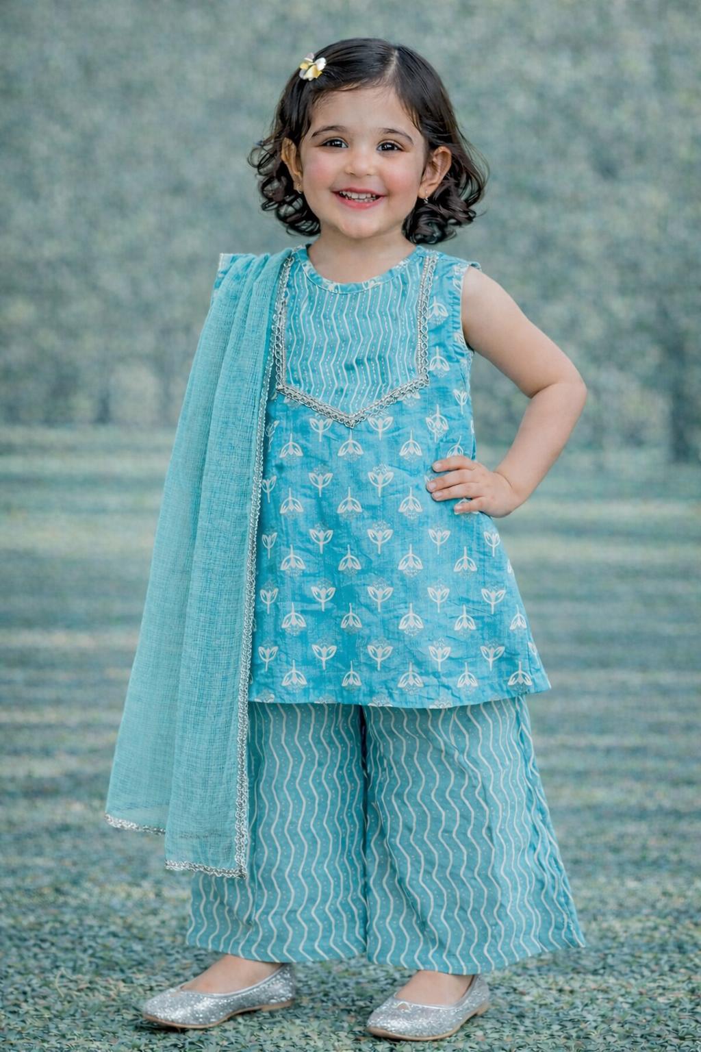 Pspeaches Baby Girls Sky-Blue Ethnic Khaddi Print Cotton A-Line Kurta & Pant With Dupatta ( Sku-Ing-Bluekhaddi )