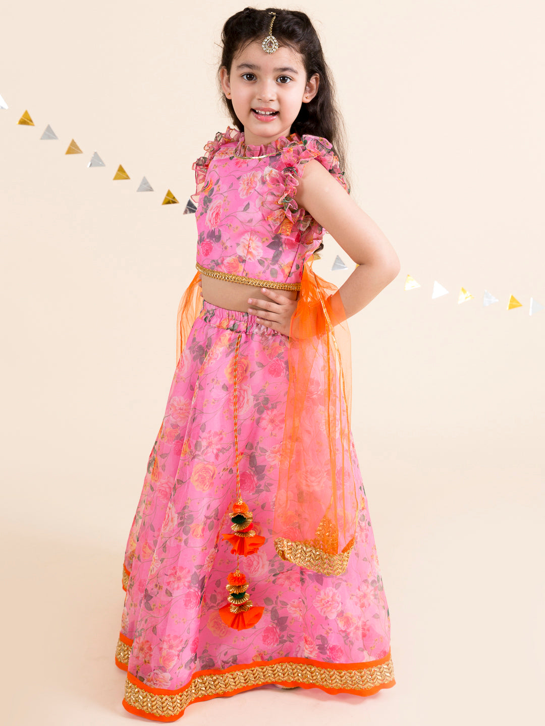 Girls Pink & Orange Printed Ready to Wear Lehenga & Blouse With Dupatta (L-pinkdigital)
