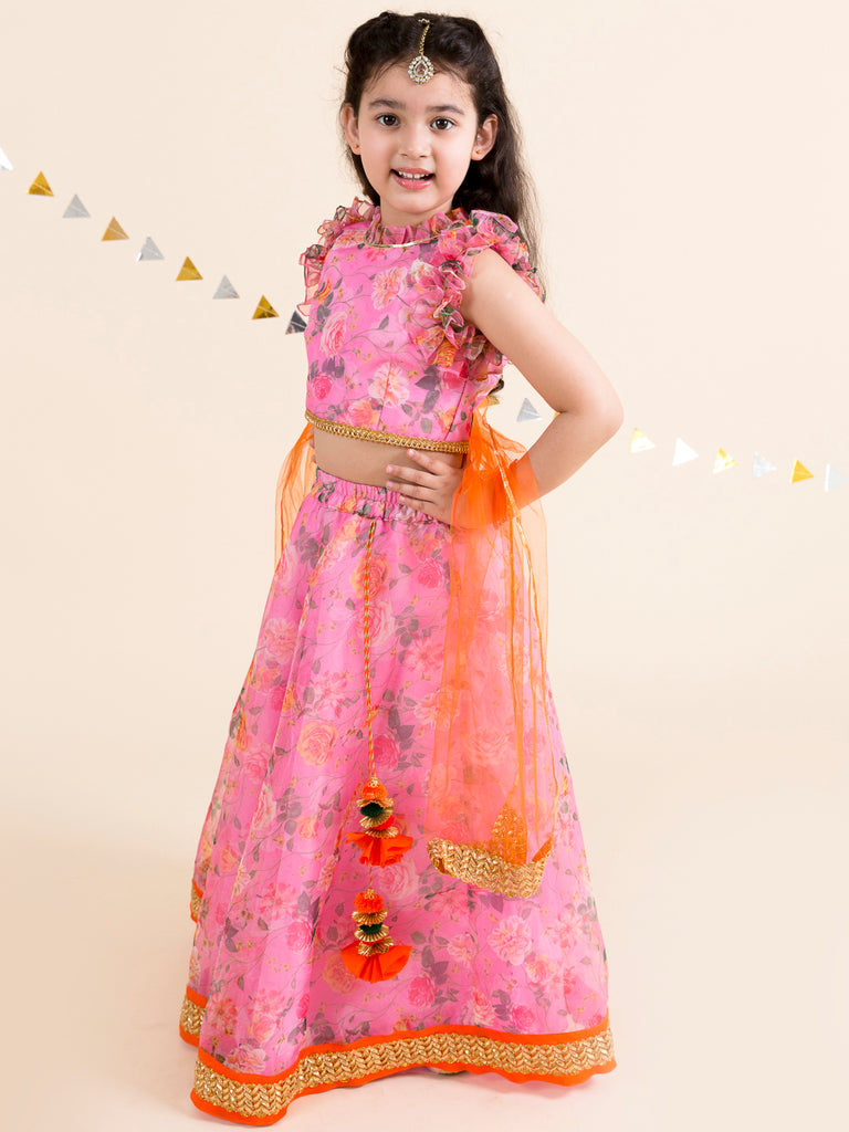 Girls Pink & Orange Printed Ready to Wear Lehenga & Blouse With Dupatta (L-pinkdigital)