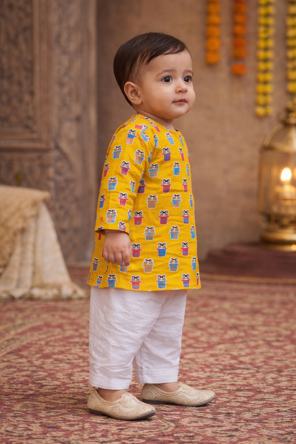 Pspeaches Baby Boys Yellow & White Ethnic Printed Cotton Straight Fit Kurta With Pyjama Set ( Sku-Inb-Yellowmoustache )