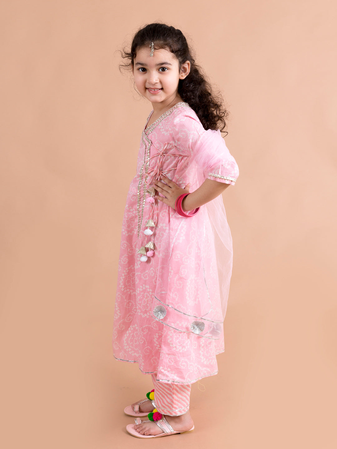 Pspeaches Girls Pink Printed Angrakha Pure Cotton Kurta Set (KS-Angrakhapink)