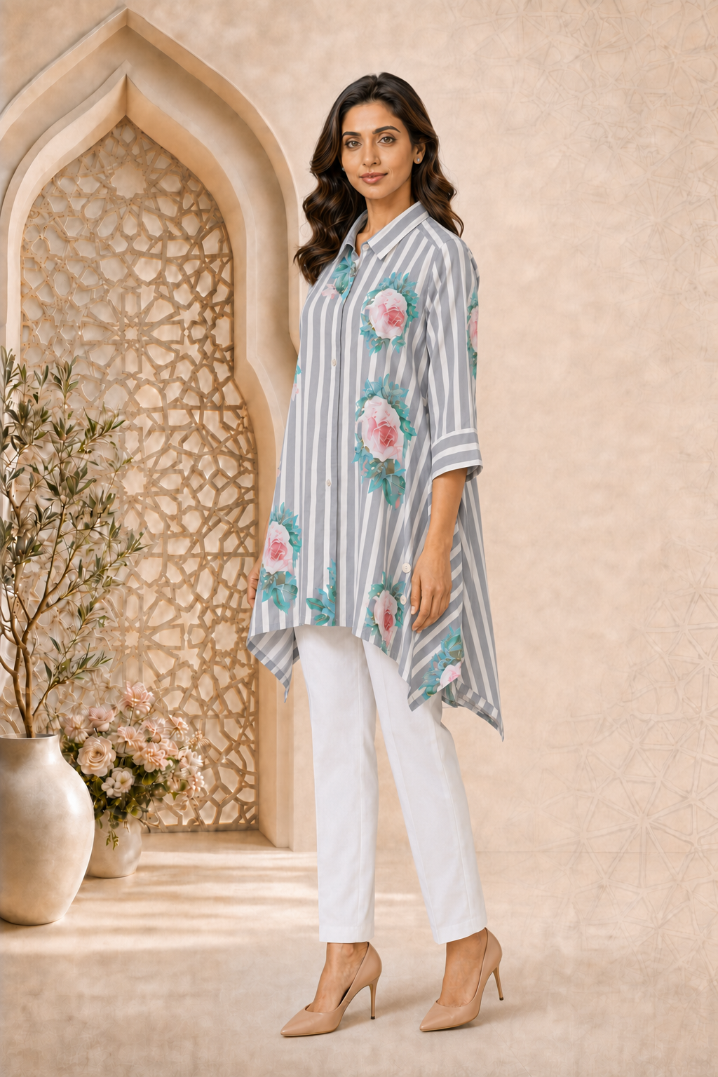 Women’s Grey Striped Asymmetrical Muslin Top
