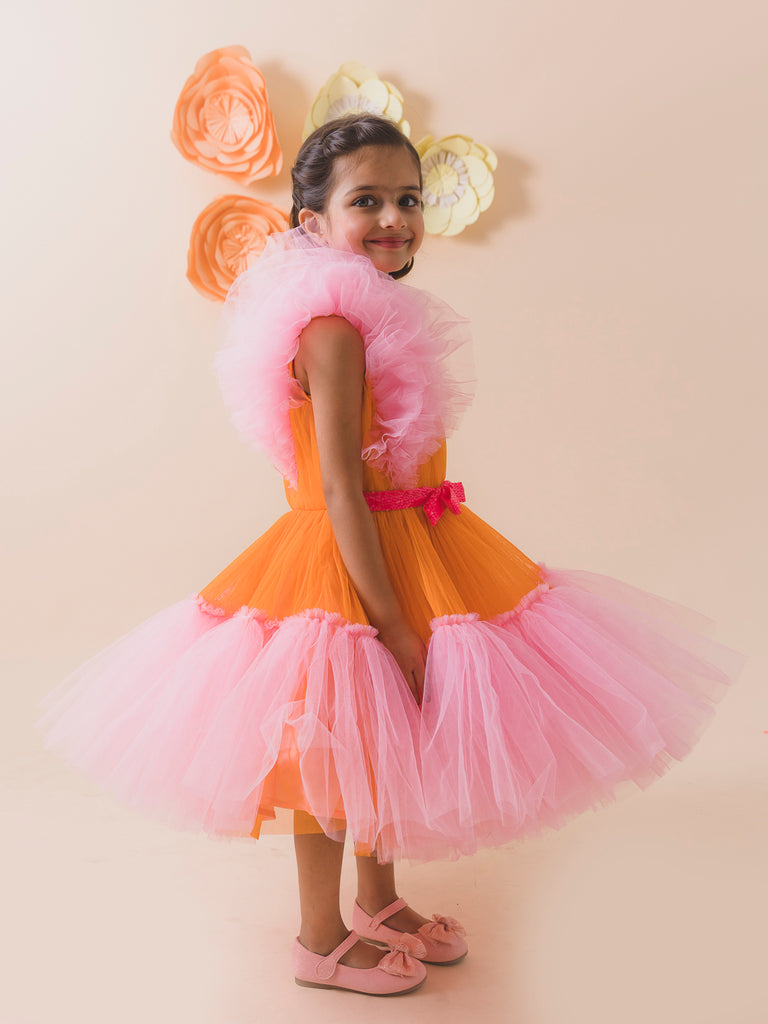 Orange & Pink Colourblocked Net Maxi Dress (D-ORANGEFUSH)