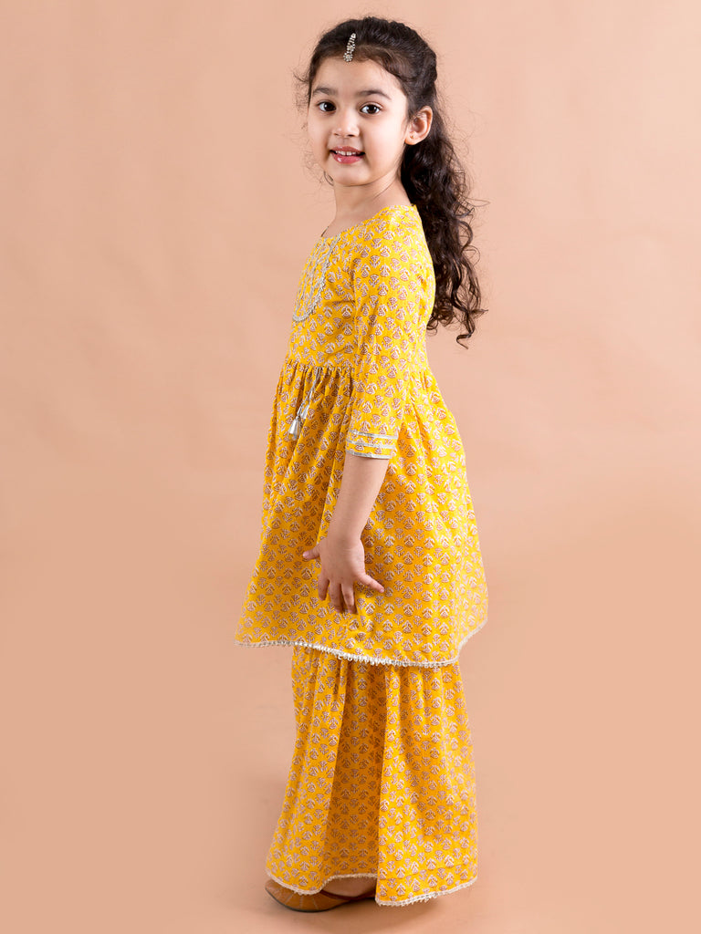 Pspeaches Girls Yellow Ethnic Booti Print Cotton A-Line Kurta With Sharara Set ( Sku-Ks-Mustardbooti )