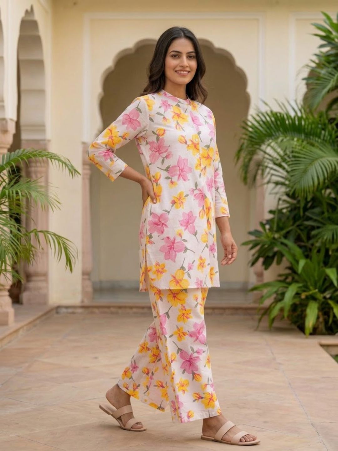 Pspeaches Women Cotton Full Sleeves Mandarin Collar Floral Print Kurta With Pant 2 Piece Set - Offwhite