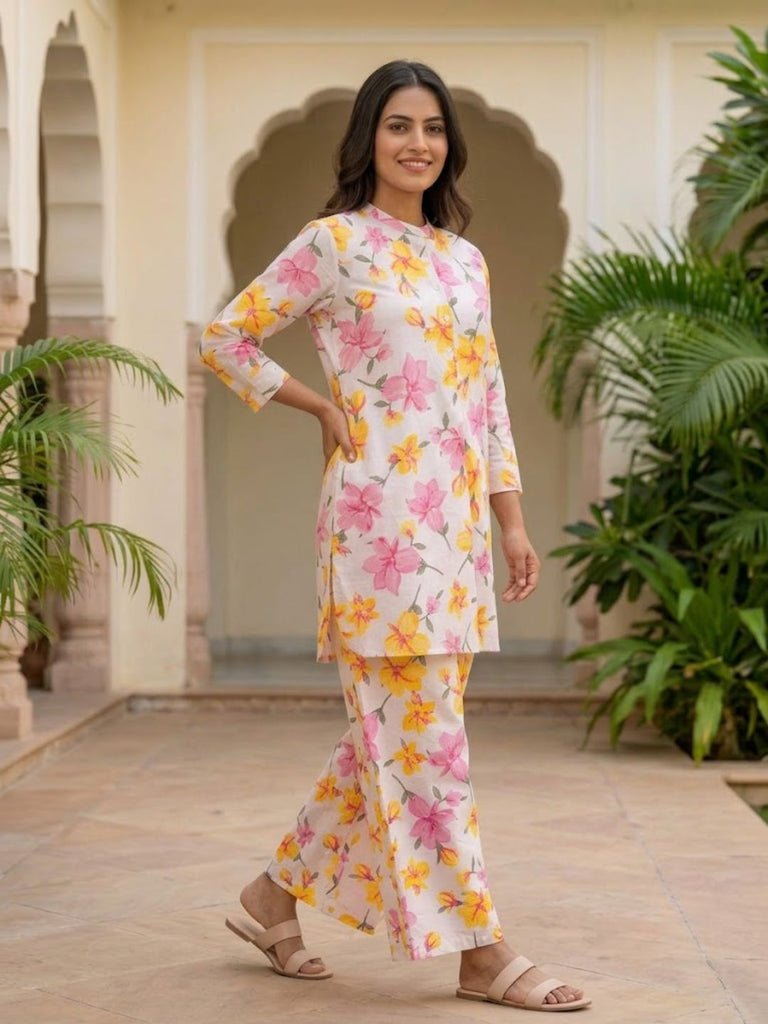 Pspeaches Women Cotton Full Sleeves Mandarin Collar Floral Print Kurta With Pant 2 Piece Set - Offwhite