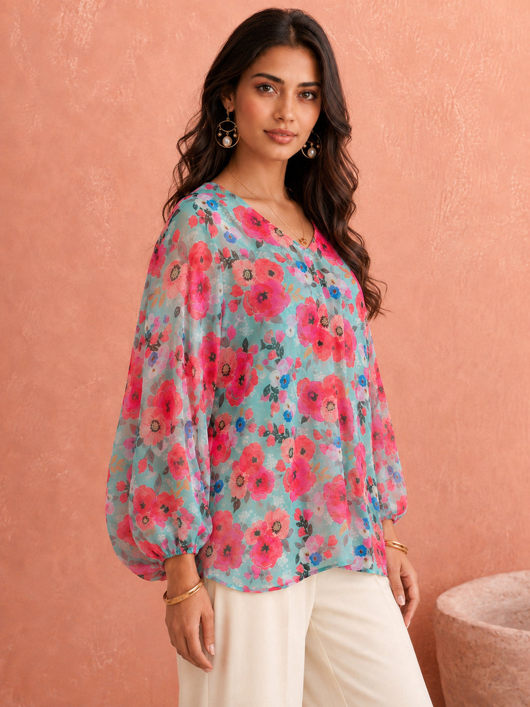 Pspeaches Women Georgette Full Sleeves V-Neck Floral Print Top With Camisole - Multicolor