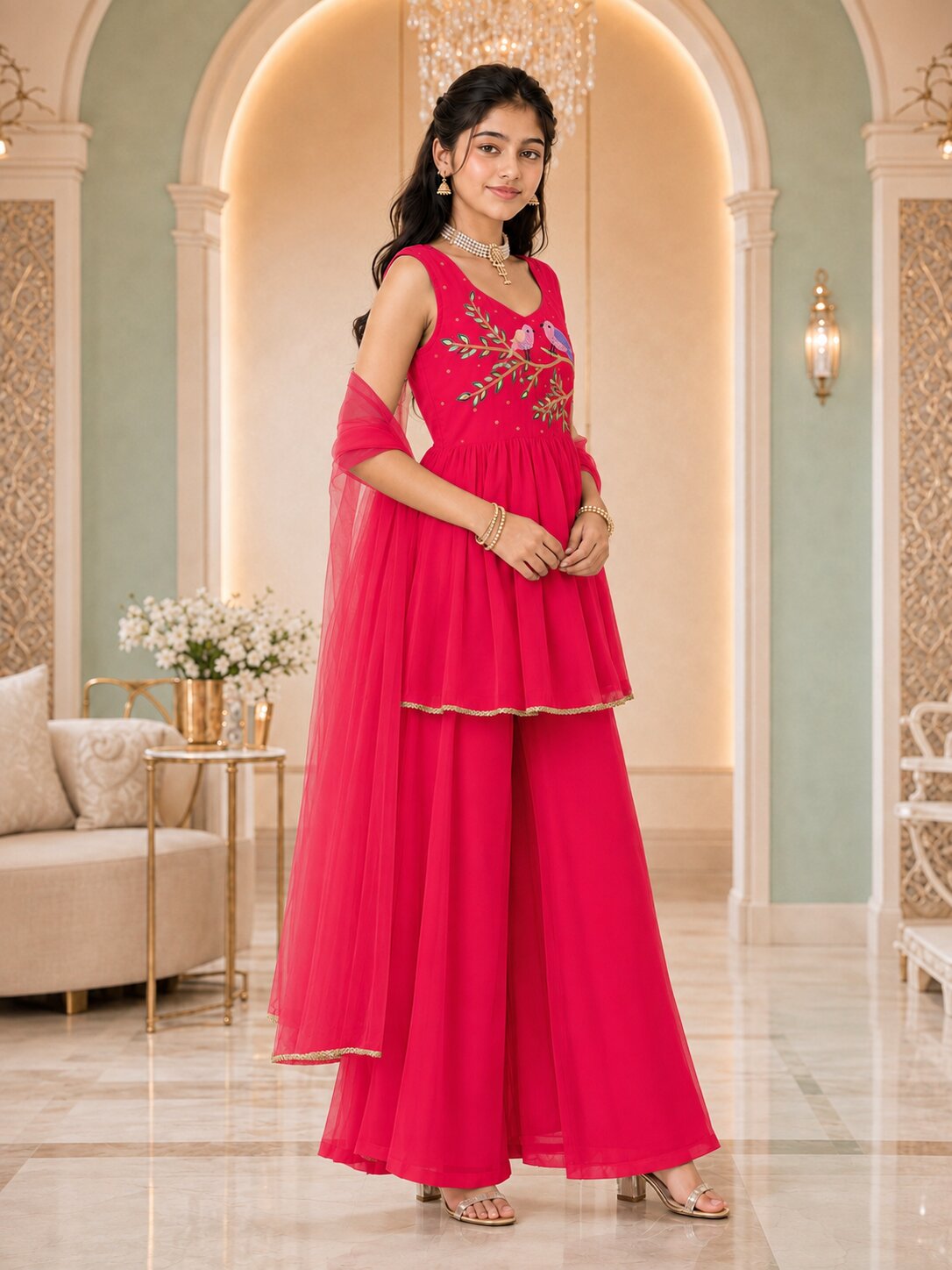Pspeaches Girls Georgette Sleeveless Square Neck Embroidered Coral Red Kurti & Palazzo With Dupatta 3 Piece Set