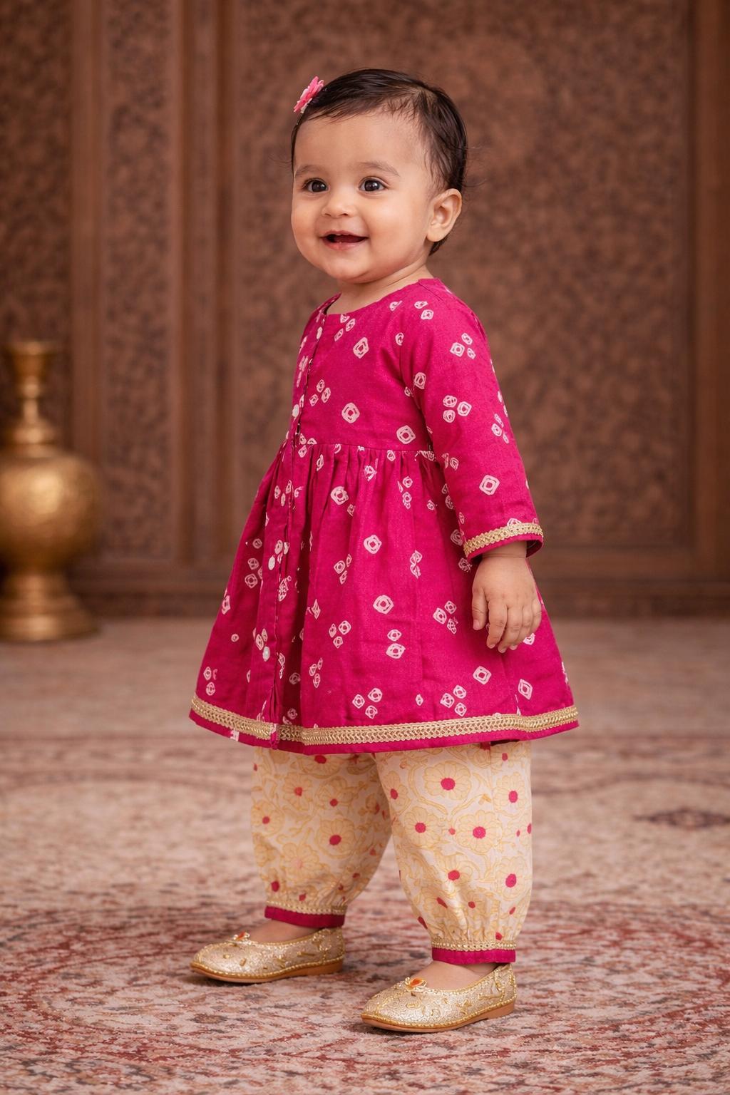 Pspeaches Baby Girls Rani Pink Ethnic Booti Print Cotton A-Line Kurta & Pant Set ( Sku-Ing-Ranibooti )