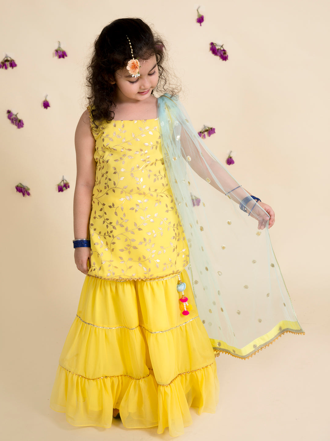 Pspeaches Girls Yellow Embroidered Kurti With Sharara With Dupatta (IW-YELLOW FOIL GGT)