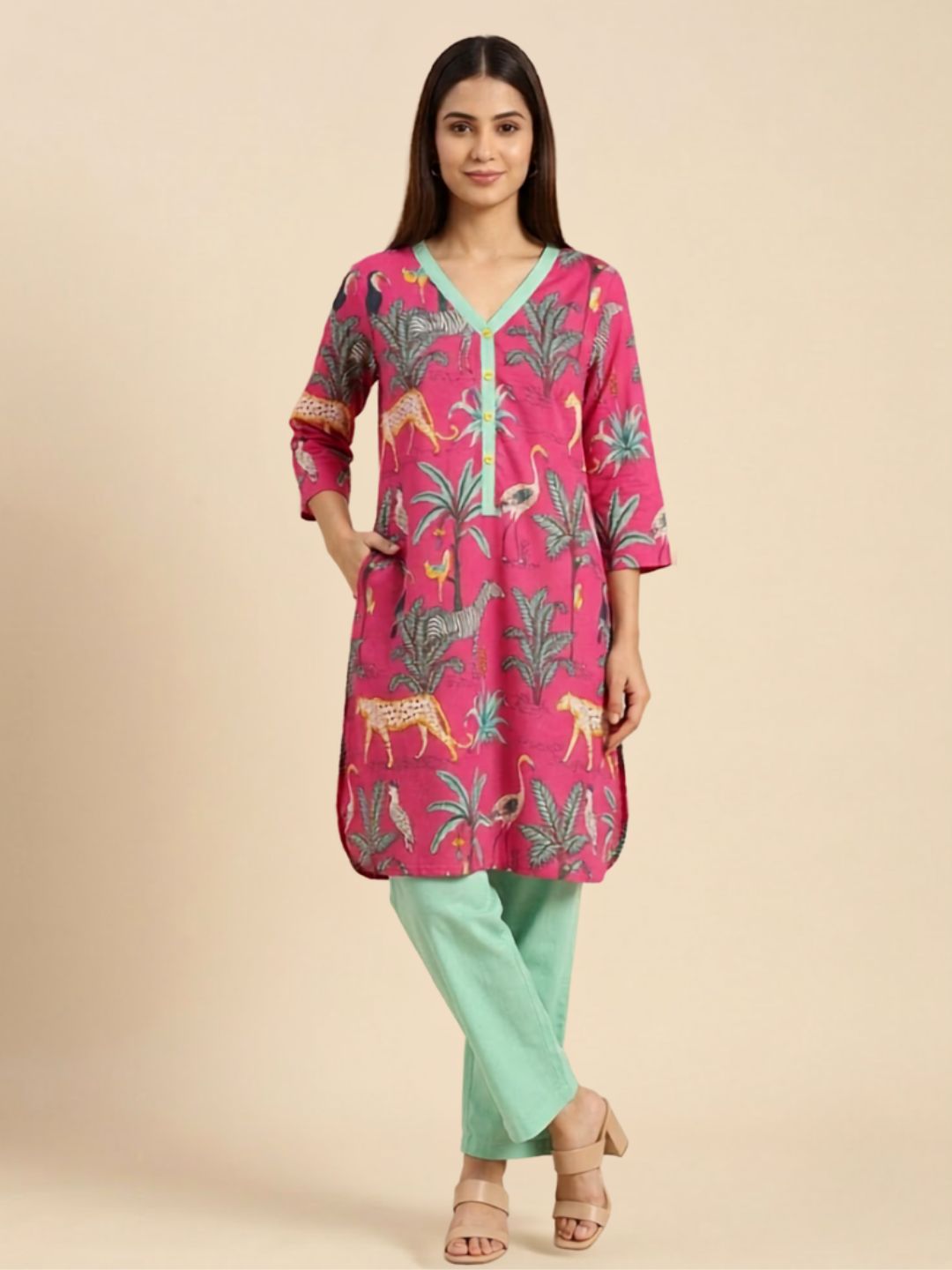 Pspeaches Women Cotton 3/4th Sleeves V Neck Animal Print Kurta With Pant 2 Piece Set - Pink & Green