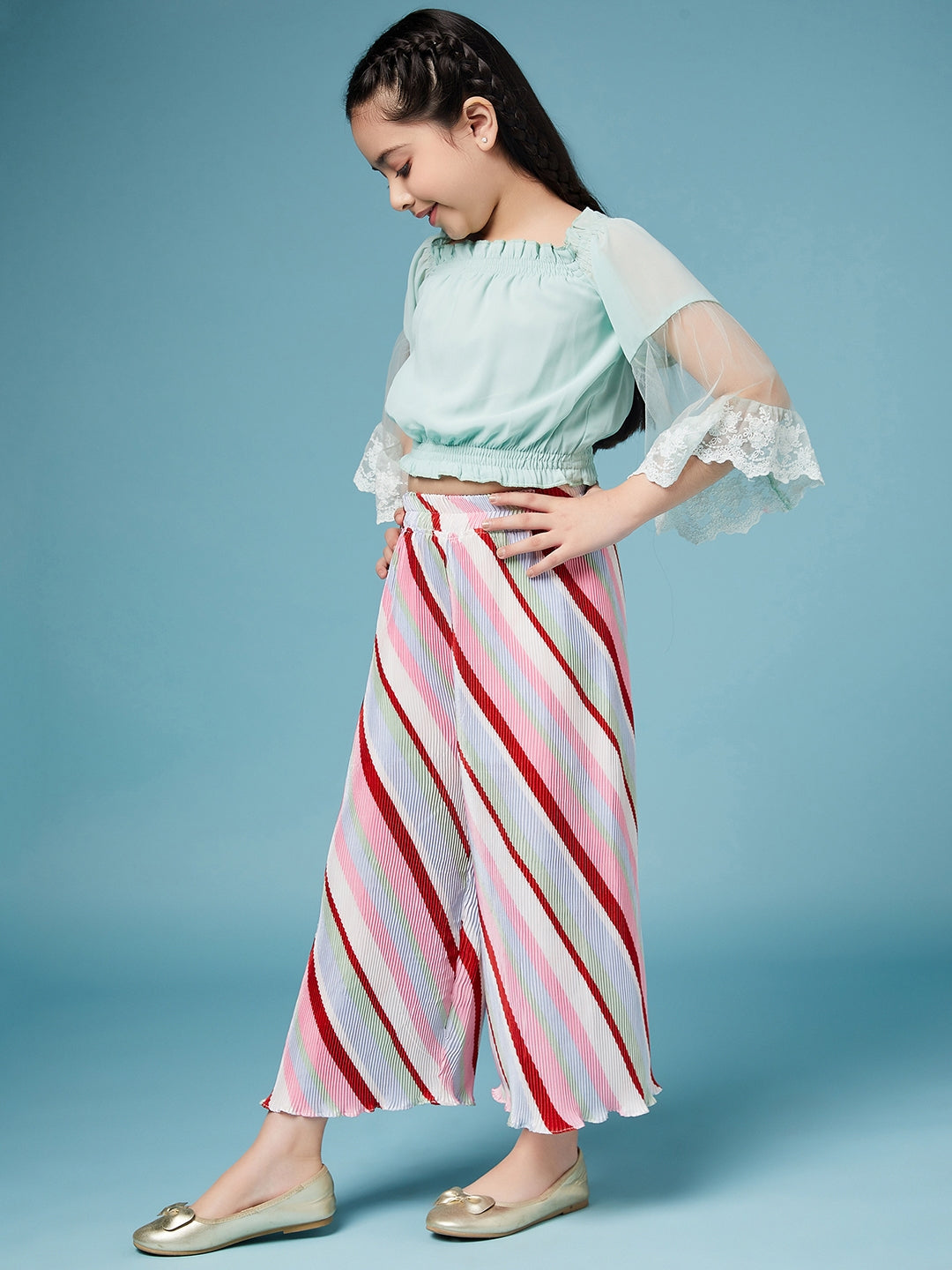 Girls Square Neck Top With Striped Palazzos (s-pleastripe)