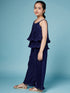 Girls Self Design Sleeveless Top with Palazzos (s-navypleat)
