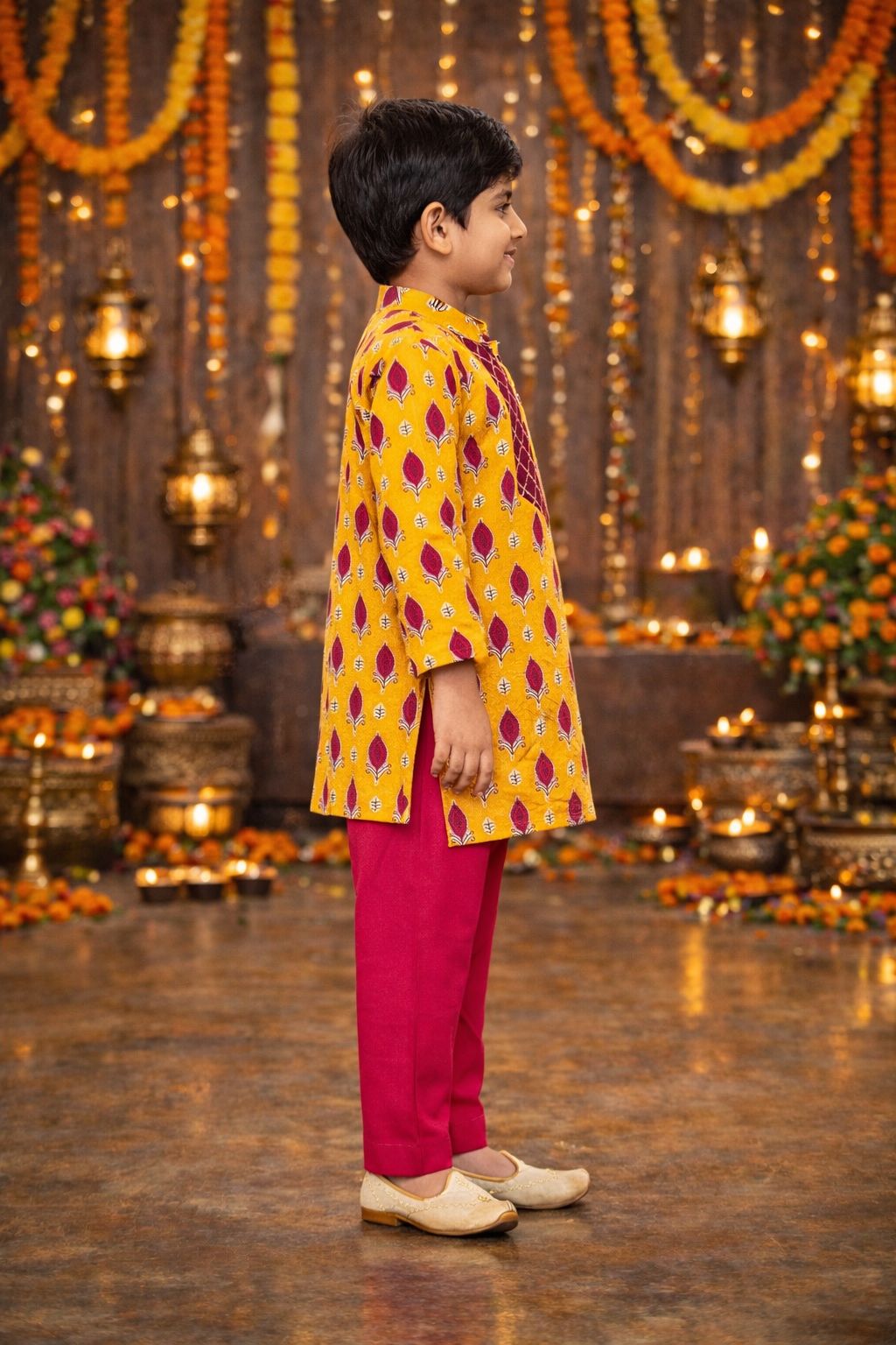 Pspeaches Boys Yellow Ethnic Gota Work Cotton A-Line Kurta With Pyjama Set ( Sku-Kp-Yellowbooti )
