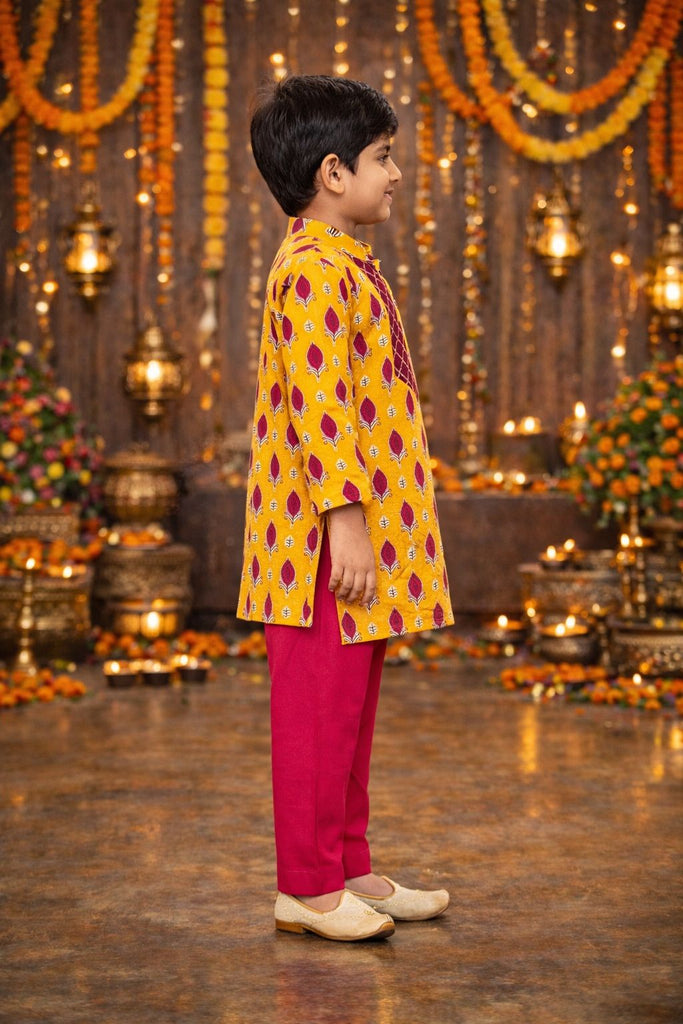 Pspeaches Boys Yellow Ethnic Gota Work Cotton A-Line Kurta With Pyjama Set ( Sku-Kp-Yellowbooti )