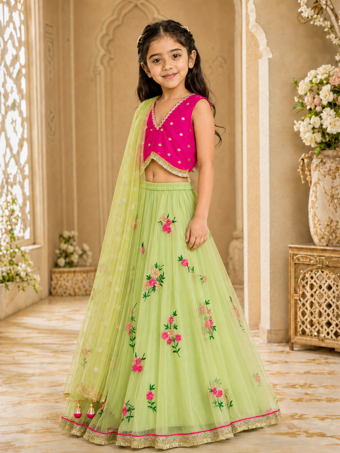 Girls Embroidered Fitted Lehenga Choli With Dupatta (L-GRNMGTAFFETA)