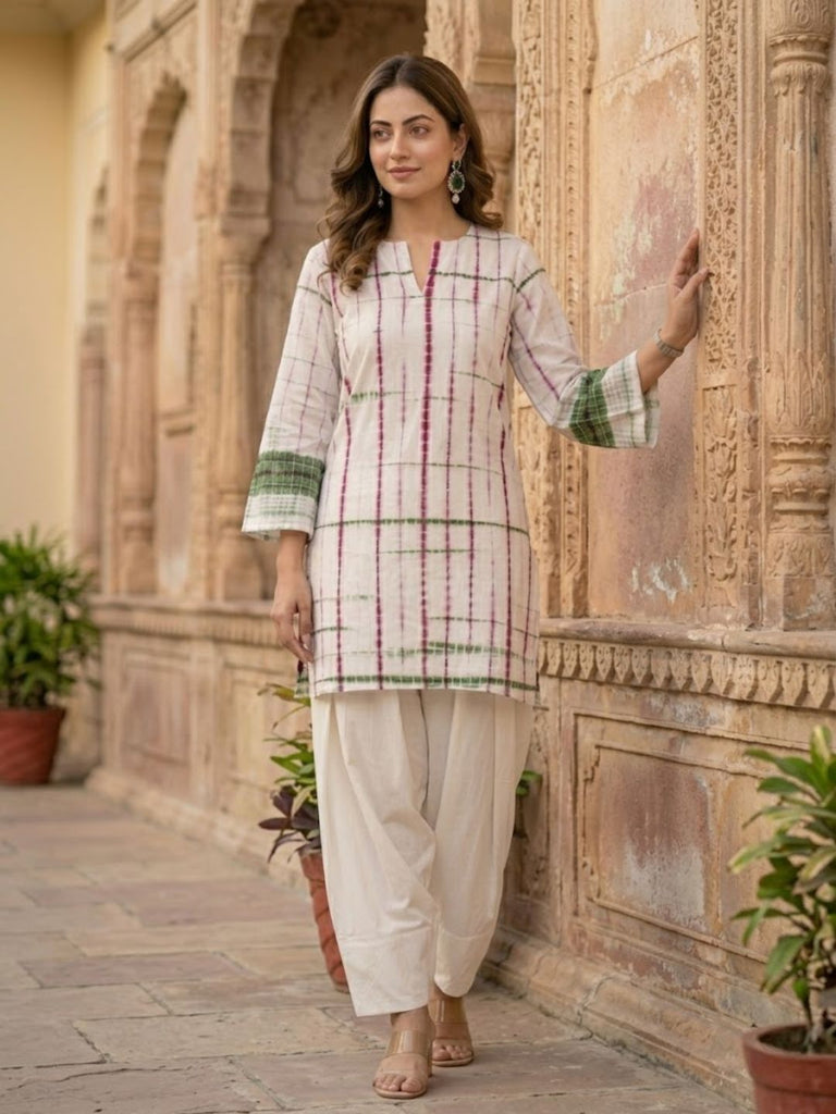 Pspeaches Women Cotton Full Sleeves Mandarin Collar Bandhani Print Kurta With Pant 2 Piece Set - White