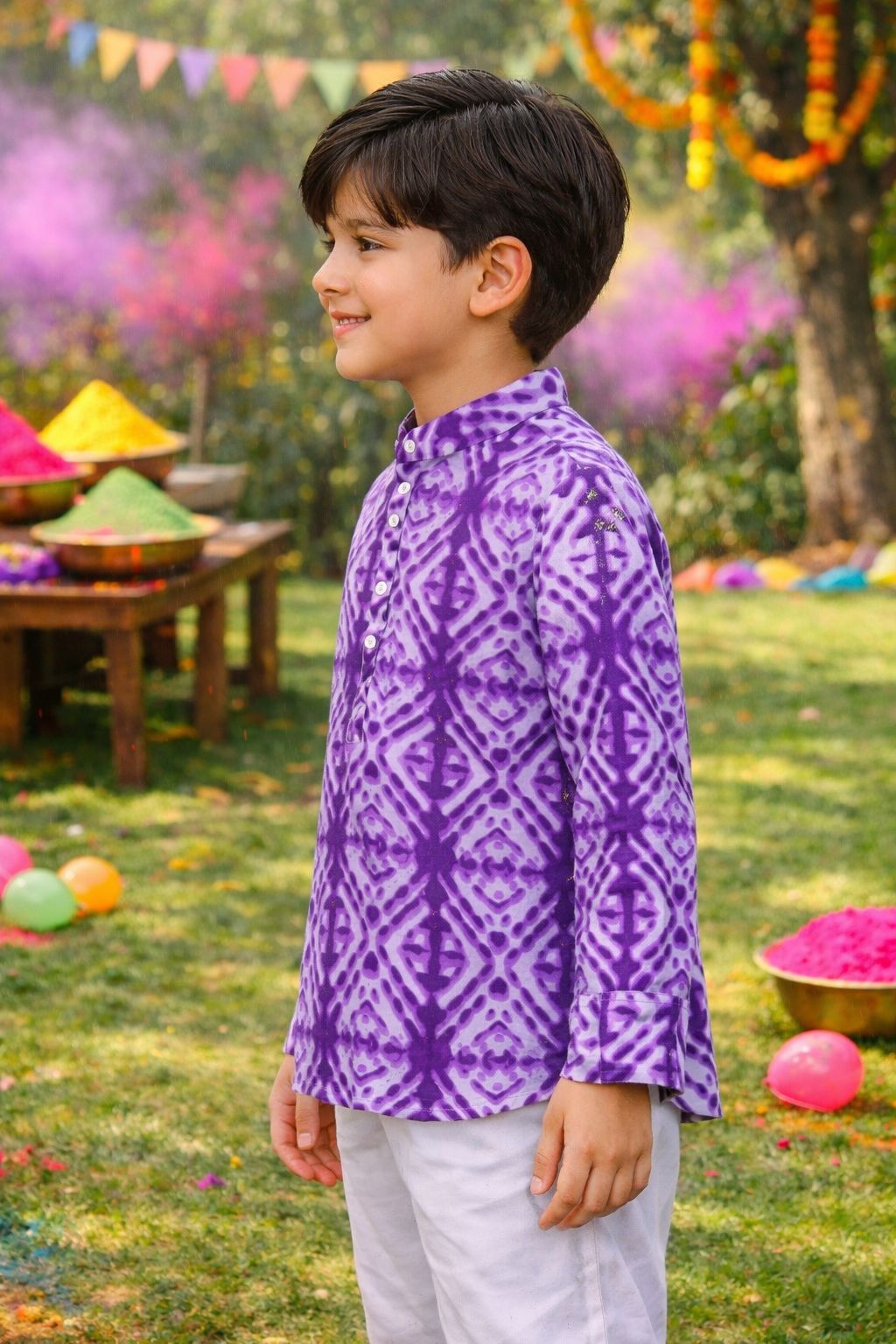 Pspeaches Boys Purple & White Ethnic shibori  Straight Fit Cotton Kurta Shirt ( Sku-Shkp-Purpleshibori )