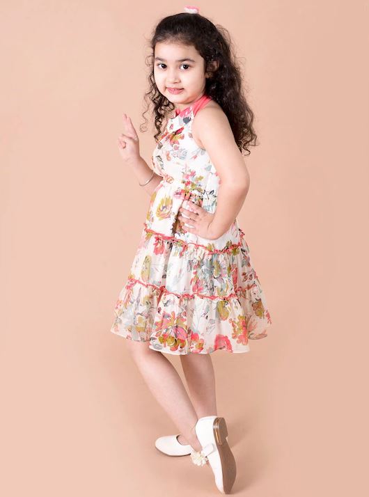 Off White & Red Floral Printed Chiffon Halter neck Sleeveless fit & flare Casual Wear Dress (d-floral offwhite)