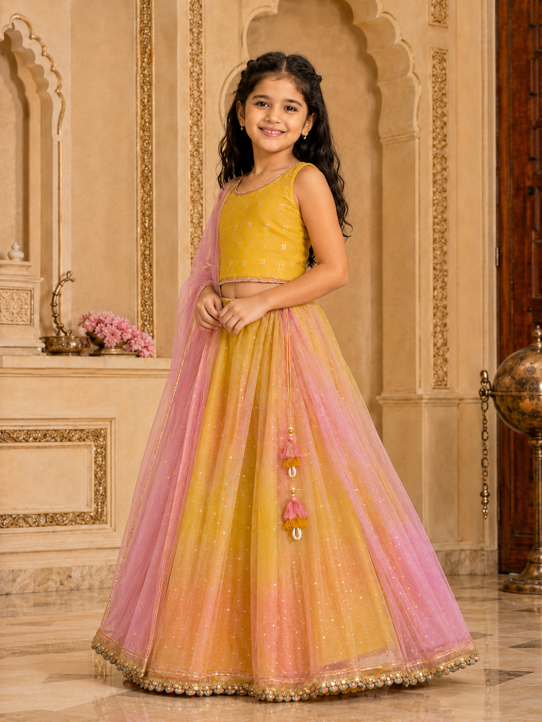 Girls Foil Net Fitted Lehenga Choli With Dupatta (L-YELLOWDUPION)