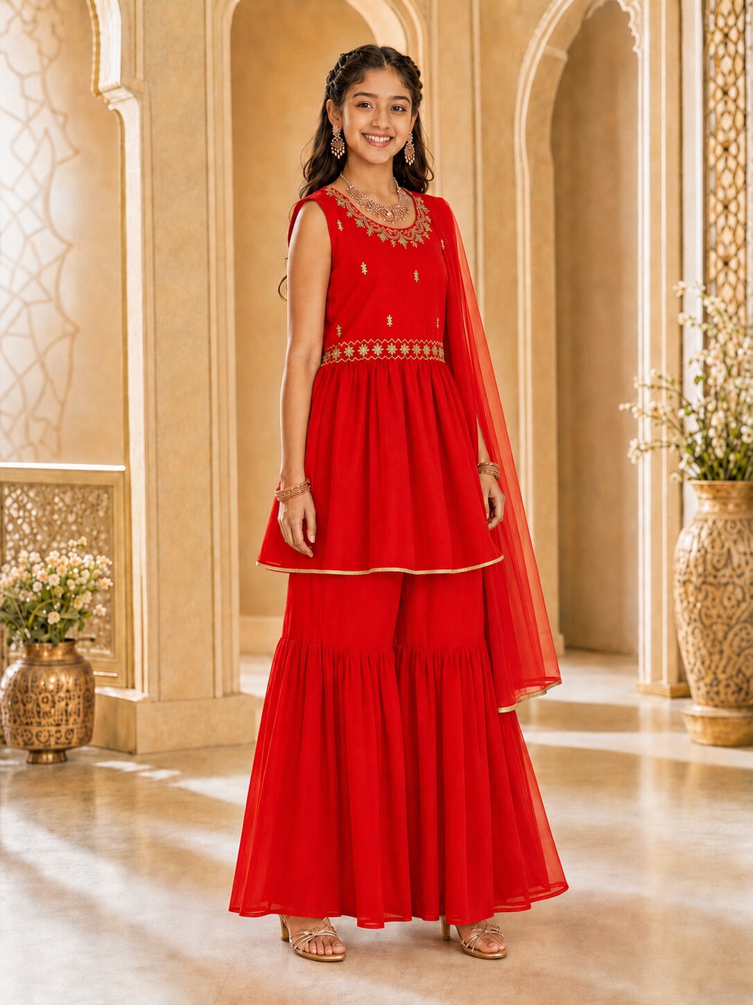Pspeaches Girls Georgette Sleeveless Round Neck Embroidered Red Kurti & Sharara With Dupatta 3 Piece Set