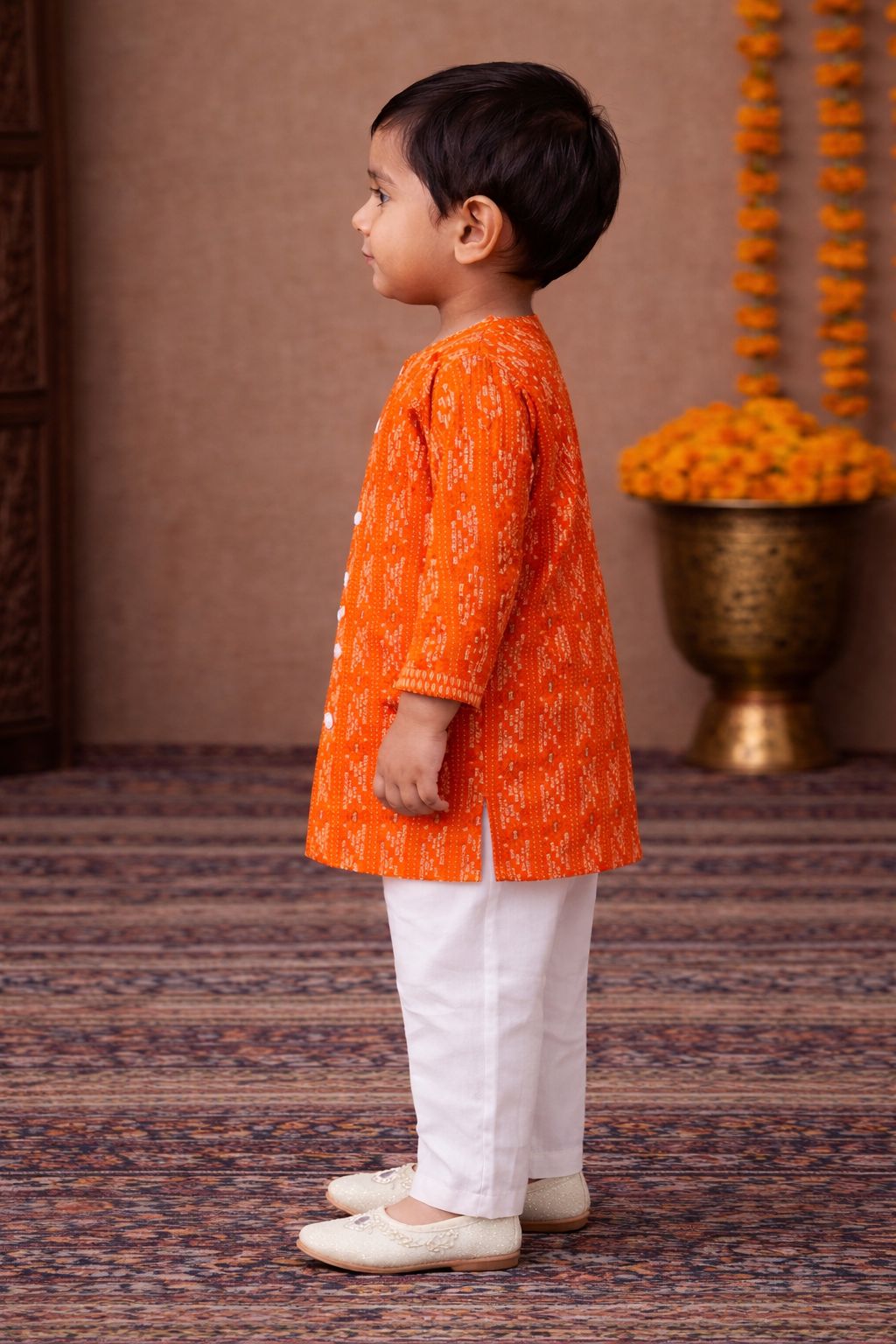 Pspeaches Baby Boys Orange & White Ethnic Dobby Cotton Straight Fit Kurta With Pyjama Set ( Sku-Inb-Orangedobby )