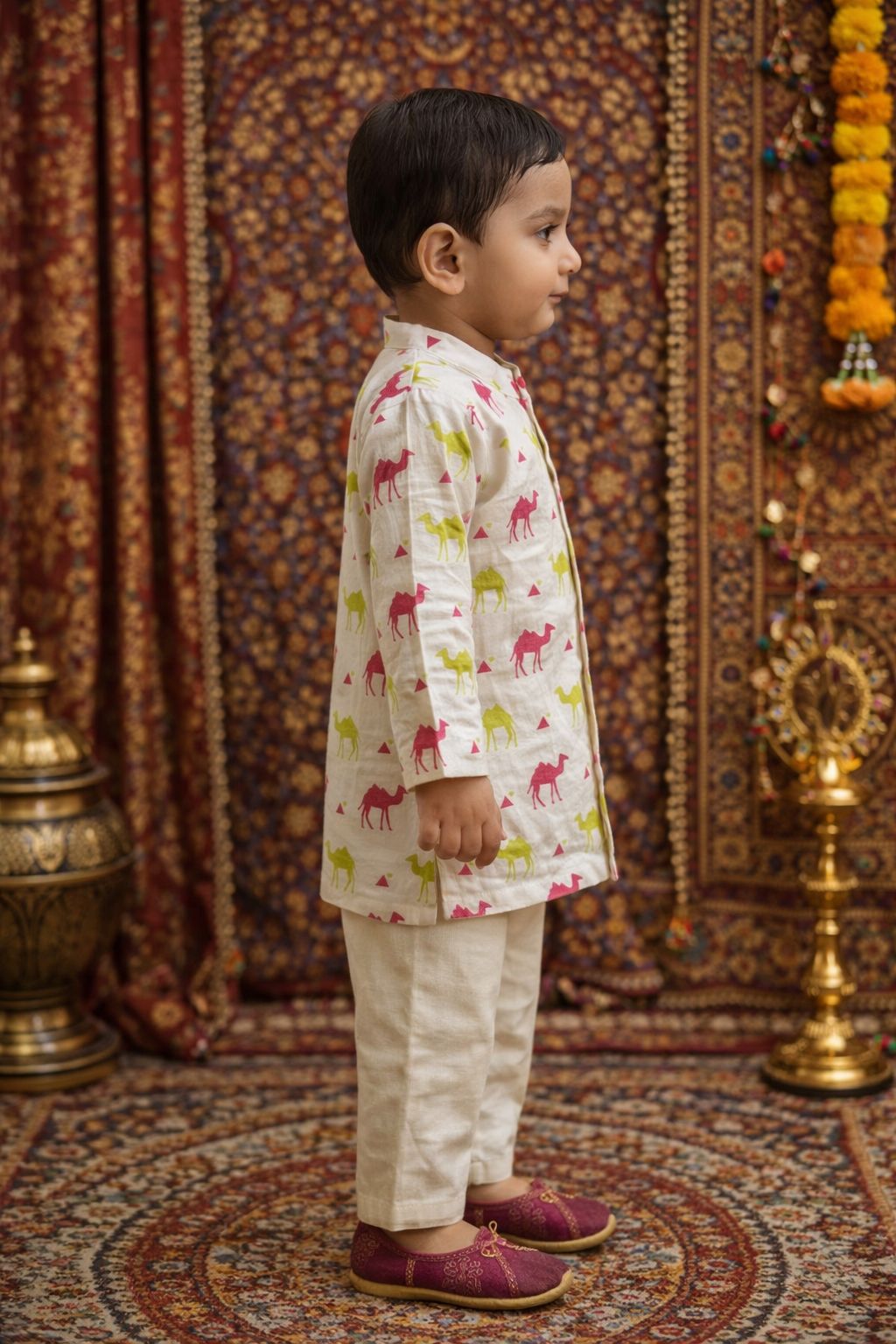 Pspeaches Baby Boys Beige Ethnic Animal Print Cotton Straight Fit Kurta With Pyjama Set ( Sku-Inb-Camel )