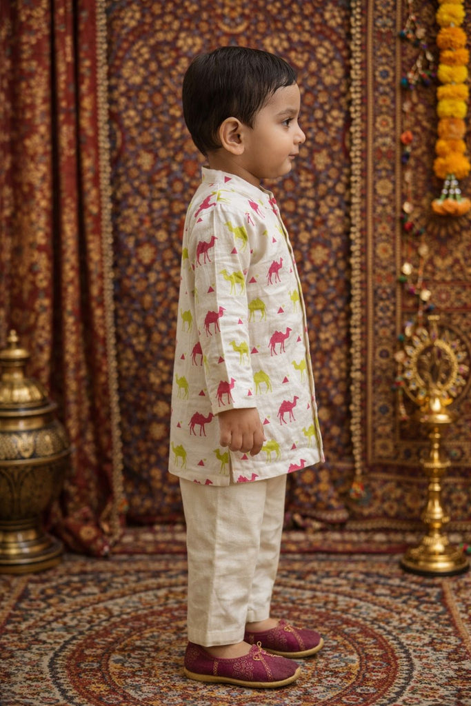Pspeaches Baby Boys Beige Ethnic Animal Print Cotton Straight Fit Kurta With Pyjama Set ( Sku-Inb-Camel )