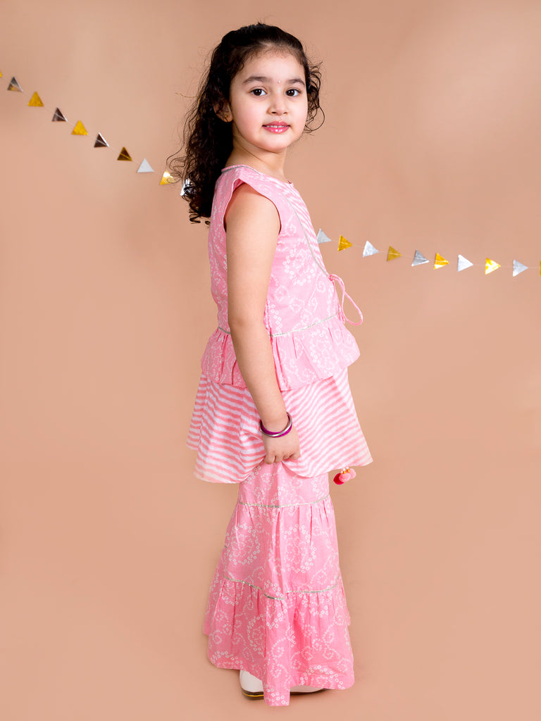 Pspeaches Girls Pink Floral Striped Empire Pure Cotton Kurti With Sharara (SHA-PIN BANDHNI)