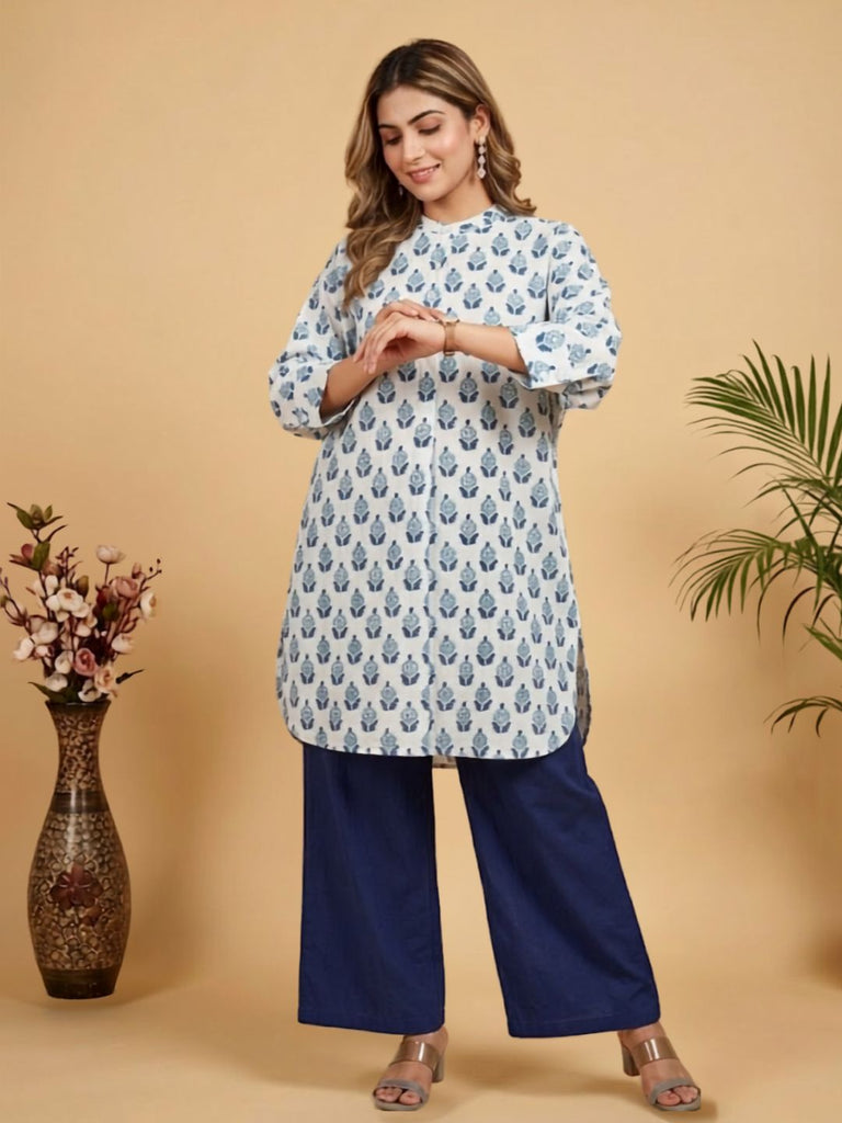Pspeaches Women Cotton Full Sleeves Mandarin Collar Floral Print Kurta With Pant 2 Piece Set - White & Blue