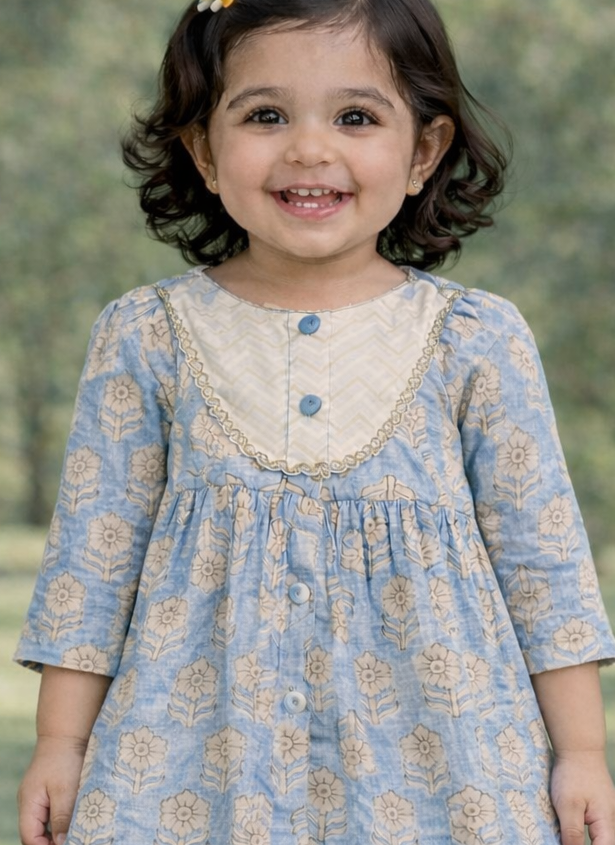 Pspeaches Baby Girls Blue Ethnic Booti Print Cotton A-Line Kurta & Pant Set ( Sku-Ing-Bluebooti )