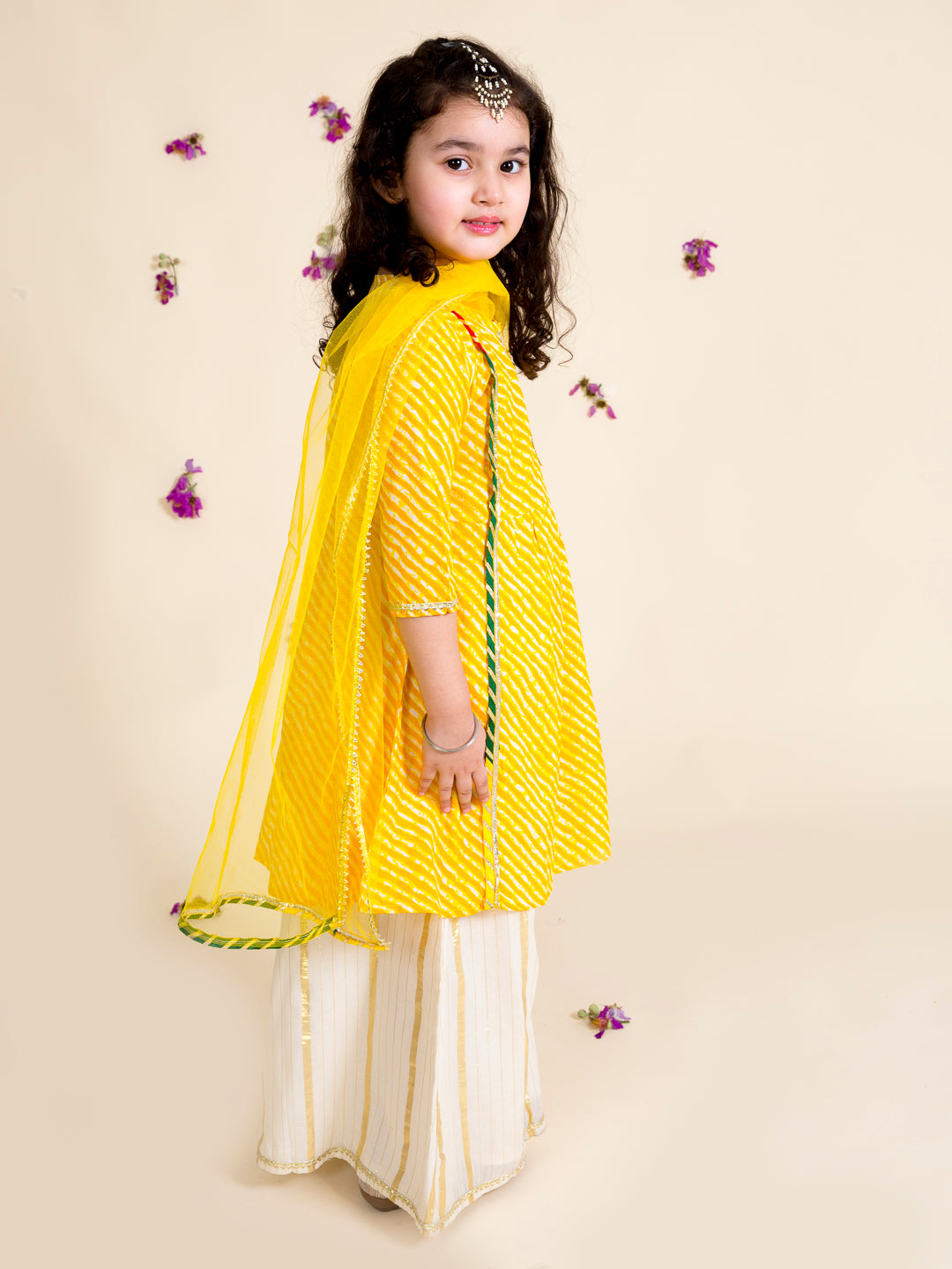 Pspeaches Girls Yellow Leheriya Pure Cotton Kurta With Palazzos With Dupatta (KS-YELLOW LEHERIYA)
