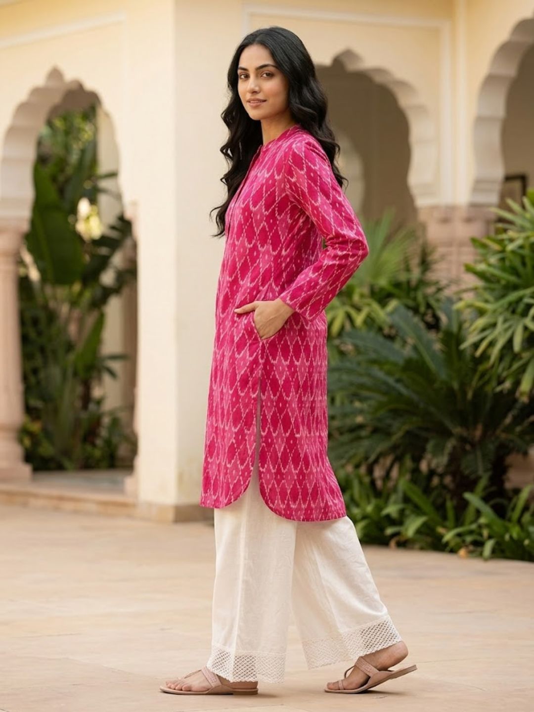 Pspeaches Women Cotton Full Sleeves Mandarin Collar Ikkat Print Kurta With Pant 2 Piece Set - Magenta &amp; White