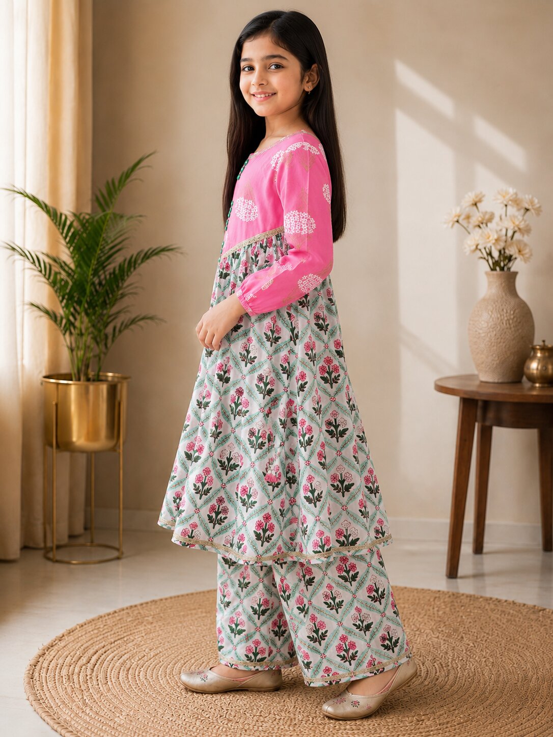 Girls Floral Printed Loose Fit Patch Work Kurta With Pants (KS-OFFWHITEBOOTI)