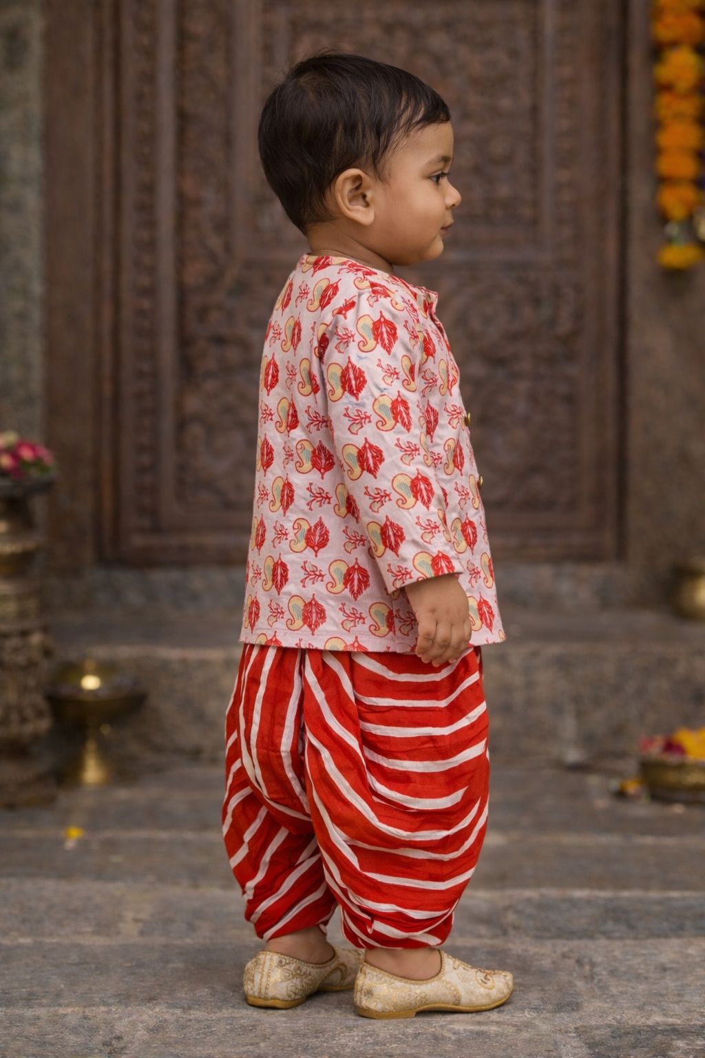 Pspeaches Baby Boys Pink & Orange Booti Print Cotton Straight Fit Kurta With Dhoti Pant ( Sku-Inb-Dhotired )