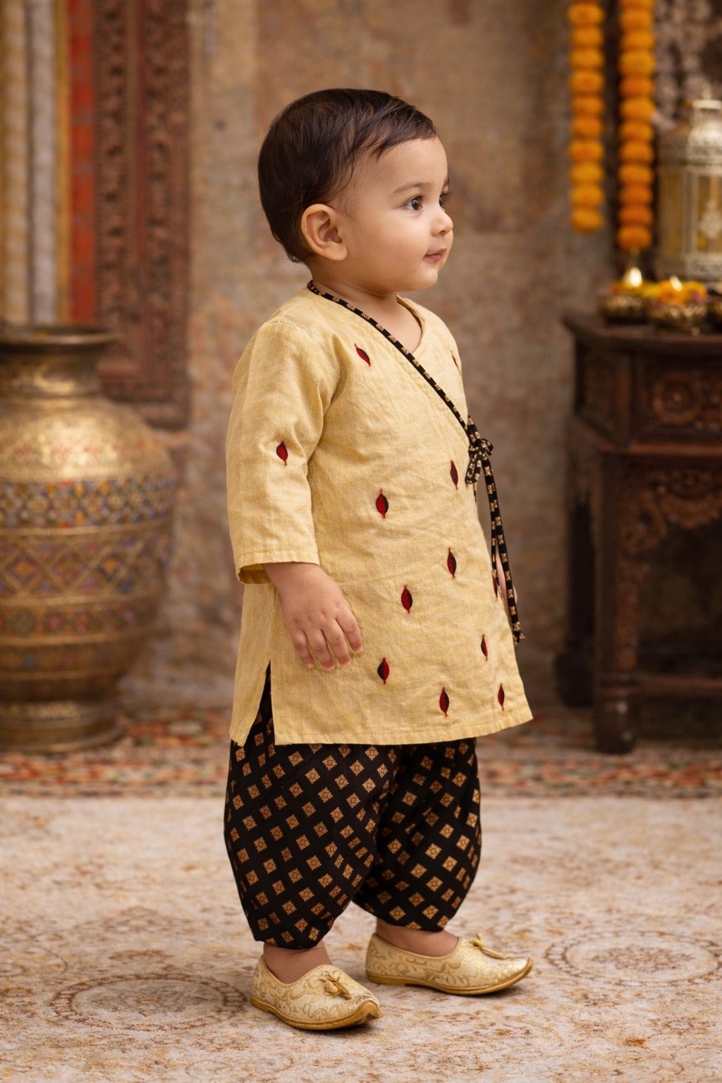 Pspeaches Baby Boys Beige & Brown Embroidered Cotton Angrakha Kurta With Foil Print Dhoti Pant ( Sku-Inb-Dhotibrown )