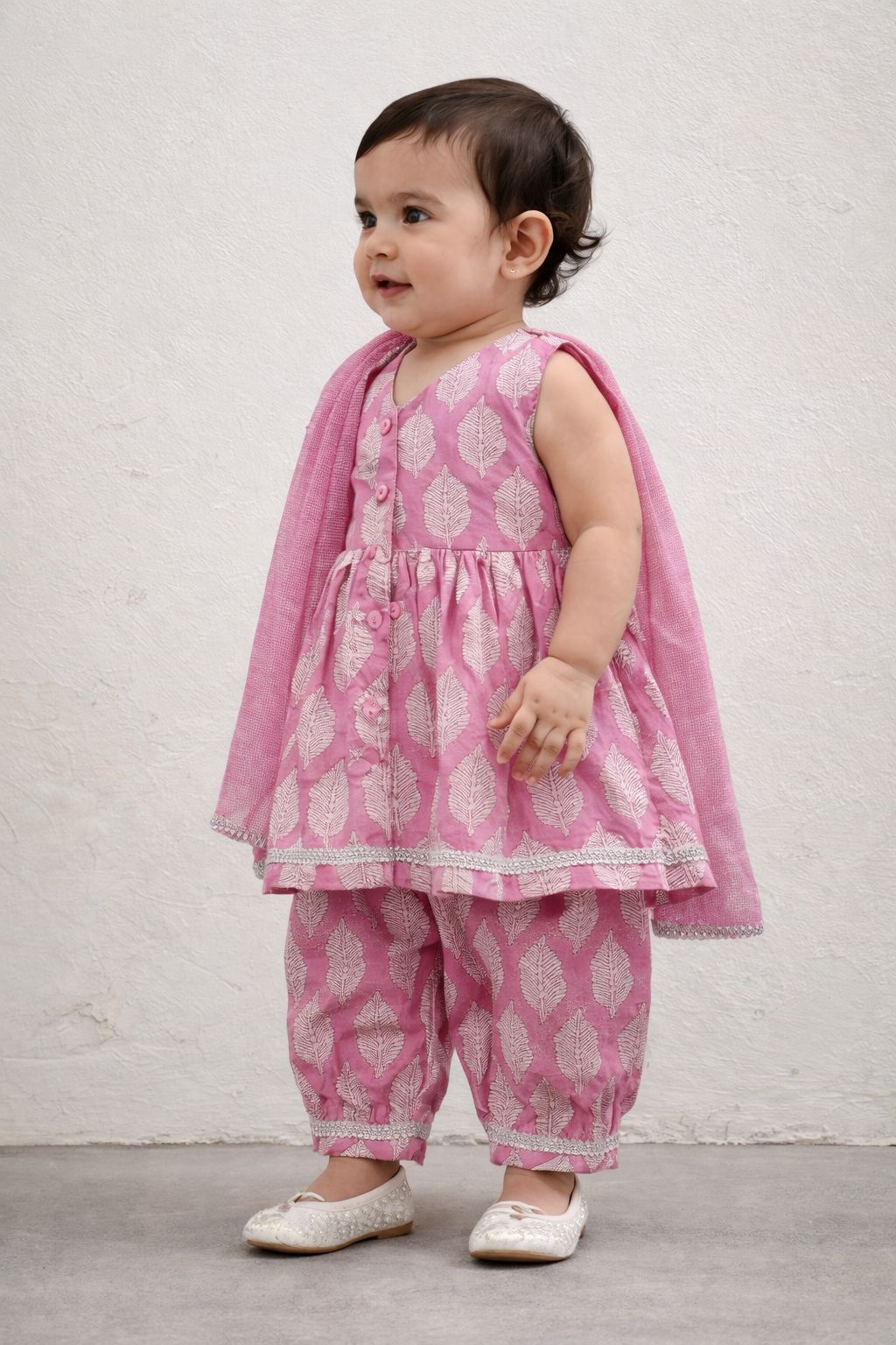 Pspeaches Baby Girls Pink Ethnic Leaf Print Cotton A-Line Kurta & Pant With Dupatta ( Sku-Ing-Pinkpaan )
