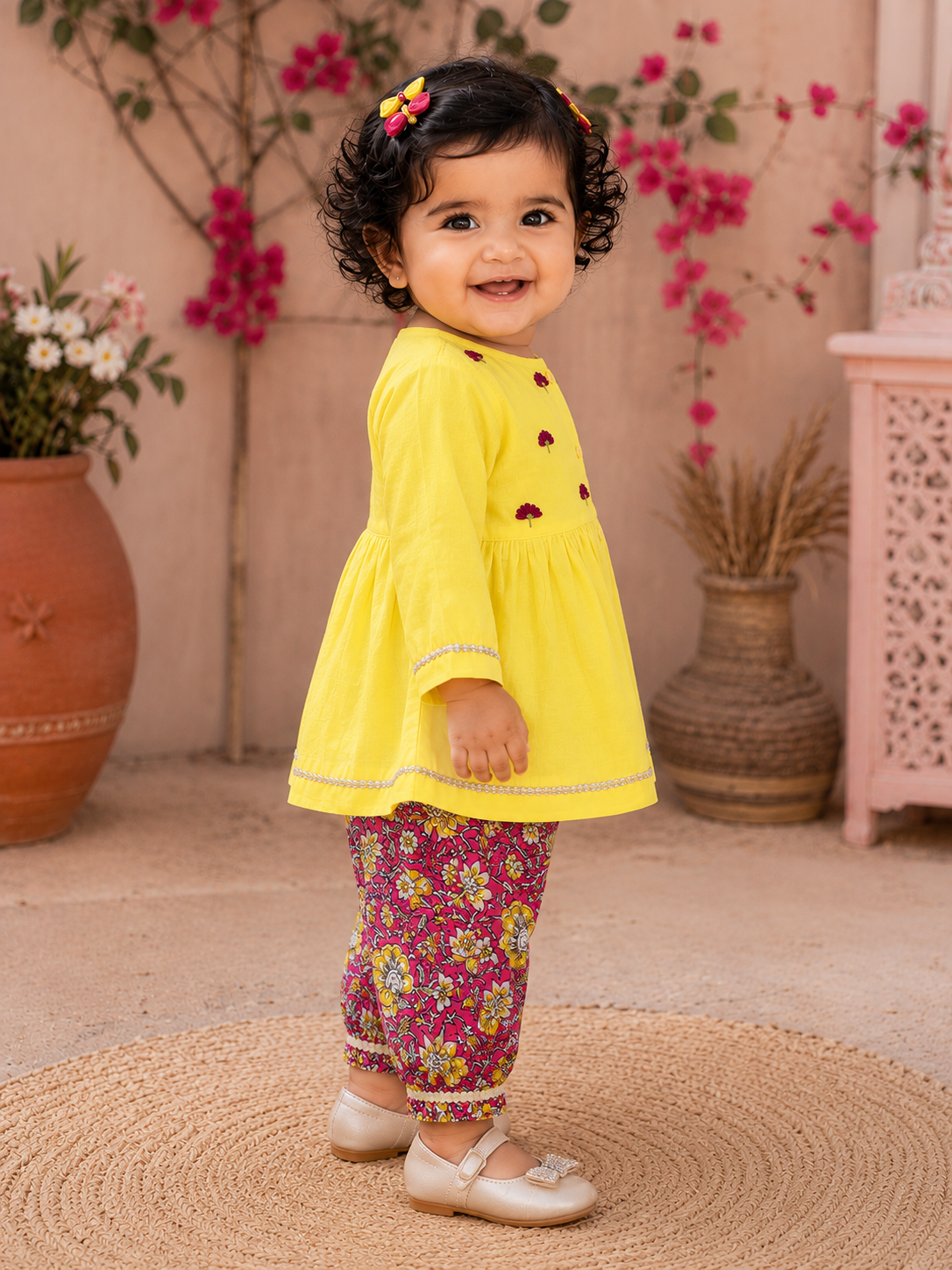 Pspeaches Baby Girl Yellow Ethnic Floral Print Cotton Peplum Set Kurta With Pant ( Sku-Ing-Ks-Yellowpeplum )