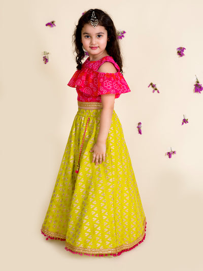 Girls Green & Pink Printed Ready to Wear Lehenga & Blouse With Dupatta (L-green foil)